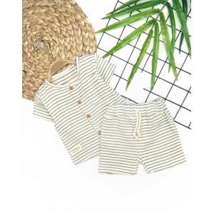 Eterelle 9-12-18-24 Ay Düğme Detaylı Çizgili Müslin Kumaş Yazlık 2li Erkek Bebek Takımı