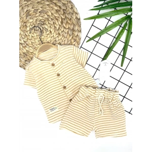 Eterelle 9-12-18-24 Ay Düğme Detaylı Çizgili Müslin Kumaş Yazlık 2li Erkek Bebek Takımı