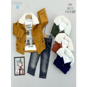 Eterelle 9-12-18-24 Ay Düğme Kapamalı Yakalı Ceket Uzun Kollu Sweatli Kot Pantolonlu 3lü Erkek Bebek Takımı Lacivert