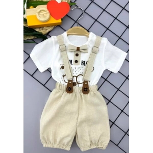 Eterelle 9-12-18-24 Ay Papyon Detaylı Keten Şort Salopet Tişörtlü 2li Erkek Bebek Takımı