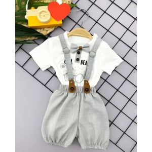 Eterelle 9-12-18-24 Ay Papyon Detaylı Keten Şort Salopet Tişörtlü 2li Erkek Bebek Takımı