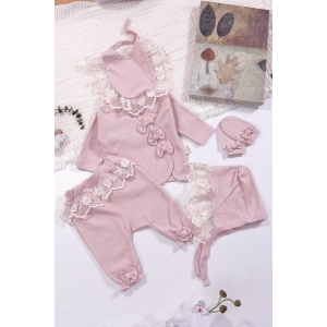 Eterelle Dantel İşlemeli Fisto Detaylı Kız Bebek 5 Parça %100 Pamuk Hastane Çıkışı