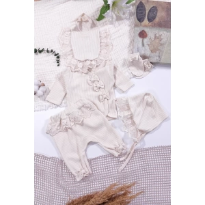 Eterelle Dantel İşlemeli Fisto Detaylı Kız Bebek 5 Parça %100 Pamuk Hastane Çıkışı