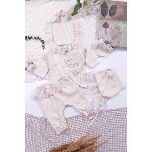 Eterelle Dantel İşlemeli Fisto Detaylı Kız Bebek 5 Parça %100 Pamuk Hastane Çıkışı