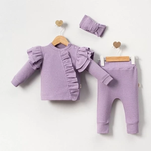 Eterelle Orkide Büzgü Detaylı 3 Parça Kız Bebek Takımı %100 Pamuk