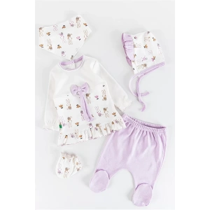 Eterelle Tavşan Detaylı Fiyonklu 5 Parça %100 Pamuk Kız Bebek Hastane Çıkışı