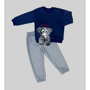 Eterelle 1-2-3 Yaş Filli Sallanan Ayak Desenli Likra Penye Kumaş Sweat Pantolonlu Kız Erkek 2li Çocuk Takımı Lacivert