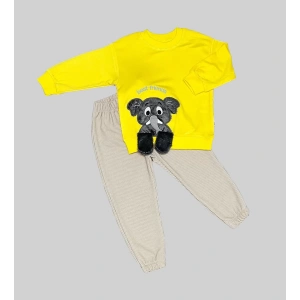 Eterelle 1-2-3 Yaş Filli Sallanan Ayak Desenli Likra Penye Kumaş Sweat Pantolonlu Kız Erkek 2li Çocuk Takımı Sarı