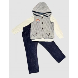 Eterelle 3-4-5 Yaş Fitilli Kadife Pantolon Kapitone Kapşonlu Yelek Uzun Kollu Sweat 3lü Erkek Çocuk Takımı Gri
