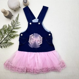 Eterelle 2-3-4 Yaş Fiyonklu Düğme Detaylı Tül Etek Kot Kumaş Salopet Kız Çocuk Elbisesi Lacivert-pembe