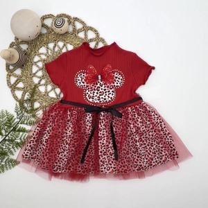 Eterelle 1-2-3 Yaş Fiyonklu Mickey Astarlı Etekli Kız Bebek Tütü Elbisesi Kırmızı