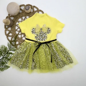 Eterelle 1-2-3 Yaş Fiyonklu Mickey Astarlı Etekli Kız Bebek Tütü Elbisesi Sarı