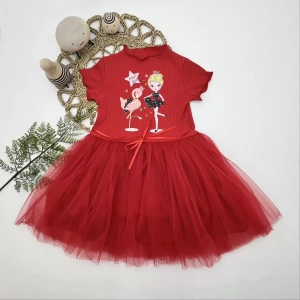 Eterelle 5-6-7 Yaş Flamingo Balerin Kız Baskılı Kurdela Kuşaklı Astarlı Kız Çocuk Tütü Elbise Kırmızı