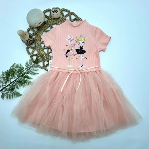 Eterelle 5-6-7 Yaş Flamingo Balerin Kız Baskılı Kurdela Kuşaklı Astarlı Kız Çocuk Tütü Elbise Somon