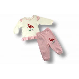 Eterelle 3-6 6-9 9-12 Ay Flamingo Nakışlı Uzun Kollu Sweatli 2li Kız Bebek Takımı Ekru