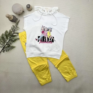 Eterelle 3-4-5 Yaş Forever Cici Kızlar Baskılı Kapşonlu 2li Kız Çocuk Takımı Sarı