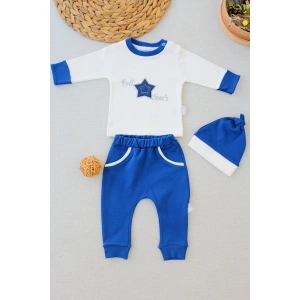 Eterelle 3-6 6-9 9-12 Ay Full Star Nakışlı Şapkalı Uzun Kollu Sweat 3lü Erkek Bebek Takımı İndigo