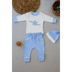 Eterelle 3-6 6-9 9-12 Ay Full Star Nakışlı Şapkalı Uzun Kollu Sweat 3lü Erkek Bebek Takımı Mavi