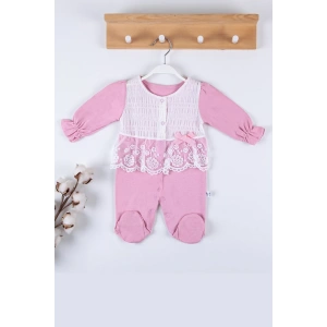 Eterelle Gofralı Fransız Güpürlü % 100 Pamuk Kız Bebek Tulumu