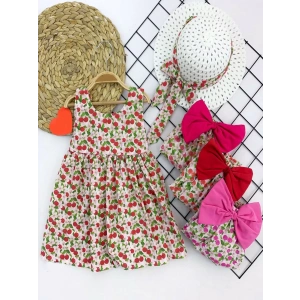 Eterelle 9-12-18-24 Ay Hasır Şapkalı Kiraz Desenli Askılı 2li Kız Bebek Elbisesi Bordo