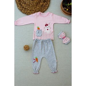 Eterelle 3-6 9-12 12-18 Ay Havuç Tavşan Nakışlı Bandanalı Cepli Uzun Kollu Sweatli 3lü Kız Bebek Tak Pembe