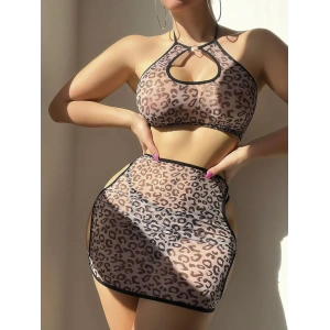 Kadın leopar desenli yanları dekolteli fantezi etekli takım