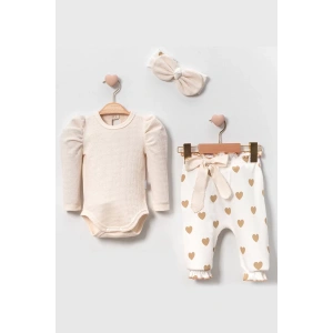 Eterelle Kalp Baskılı Bandanalı 3lü Lüx Waffle Kız Bebek Takım
