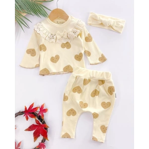 Eterelle Kalp Baskılı Fisto Yaka 3 Parça Kız Bebek Takımı %100 Pamuk
