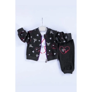 Eterelle Kalp Desenli Hırkalı Pamuklu 3lü Kız Bebek Takımı
