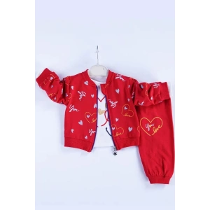 Eterelle Kalp Desenli Hırkalı Pamuklu 3lü Kız Bebek Takımı