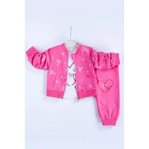 Eterelle Kalp Desenli Hırkalı Pamuklu 3lü Kız Bebek Takımı