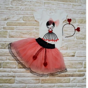 Eterelle 9-12-18 Ay Kalp Kız Nakışlı Taçlı Kısa Kollu Tütü Etek 3lü Kız Bebek Takımı Nar Çiçeği