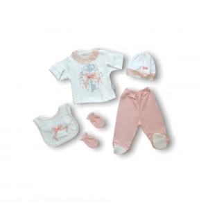 Eterelle Kanaviçe Nakışlı  5li Zıbın Takımı Hastane Çıkışı Pudra