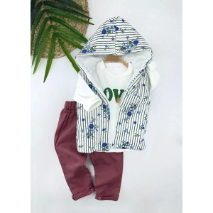 Eterelle 3-4-5-6 Yaş Kapşonlu Fermuarlı Çiçekli Şişme Yelek Sweat Pantolonlu 3lü Kız Erkek Çocuk Takımı Yeşil