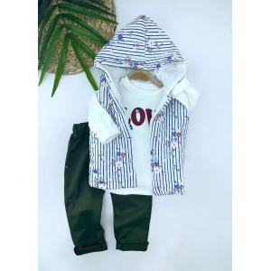 Eterelle 3-4-5-6 Yaş Kapşonlu Fermuarlı Çiçekli Şişme Yelek Sweat Pantolonlu 3lü Kız Erkek Çocuk Takımı Mavi