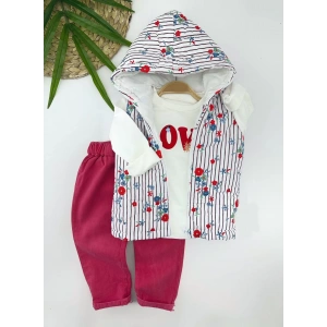 Eterelle 3-4-5-6 Yaş Kapşonlu Fermuarlı Çiçekli Şişme Yelek Sweat Pantolonlu 3lü Kız Erkek Çocuk Takımı Pembe