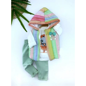 Eterelle 9-12-18-24 Ay Kapşonlu Fermuarlı Gökkuşağı Şişme Yelek Sweat Pantolonlu 3lü Kız Erkek Bebek Takımı Su Yeşili
