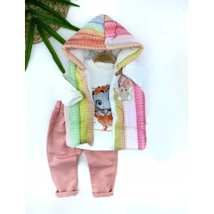 Eterelle 9-12-18-24 Ay Kapşonlu Fermuarlı Gökkuşağı Şişme Yelek Sweat Pantolonlu 3lü Kız Erkek Bebek Takımı Pembe