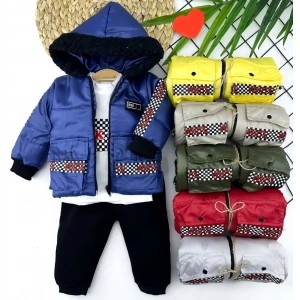 Eterelle 9-12-18-24 Ay Kapşonlu Fermuarlı Mont Pantolon Uzun Kollu Sweatli 3lü Kız Erkek Bebek Takımı Sarı