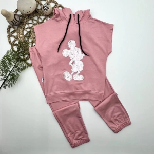 Eterelle 3-4-5 Yaş Kapşonlu Payetli Mickey Desenli Kısa Kol 2li Kız Erkek Çocuk Takımı Gül Kurusu