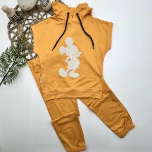 Eterelle 3-4-5 Yaş Kapşonlu Payetli Mickey Desenli Kısa Kol 2li Kız Erkek Çocuk Takımı Sarı