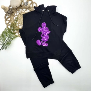 Eterelle 3-4-5 Yaş Kapşonlu Payetli Mickey Desenli Kısa Kol 2li Kız Erkek Çocuk Takımı Siyah