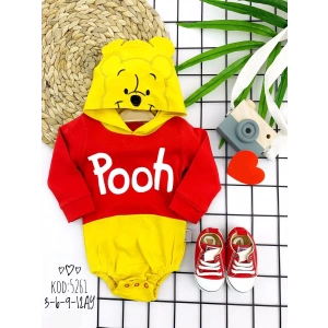 Eterelle 3-6-9-12 Ay Kapşonlu Pooh Desenli Uzun Kollu Kız Erkek Bebek Bady &zıbın Kırmızı