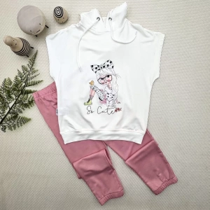 Eterelle 3-4-5 Yaş Kapşonlu Sevimli Kız Baskılı Kısa Kolu 2li Kız Erkek Çocuk Takımı Gül Kurusu