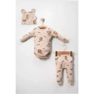 Eterelle Karaca Desenli % 100 Pamuk 3lü Şapkalı Erkek Bebek Takım