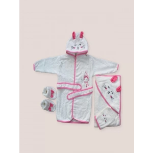 Eterelle 0-6 Ay Kedicik Nakışlı Bornozlu 5li Kız Bebek Havlu Silgi Takımı Fuşya