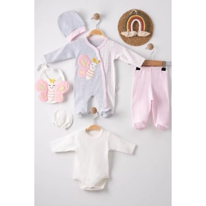 Eterelle Kelebek Nakışlı Tulumlu % 100 Pamuk Kız Bebek 5li Set