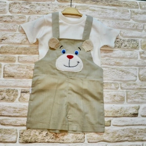 Eterelle 1-2-3 Yaş Keten Kumaş Tişörtlü Ayıcık Nakışlı Şort 2li Kız Erkek Bebek Salopet Takımı Bej