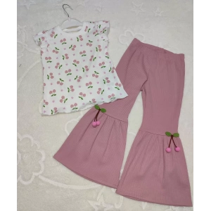 Eterelle 1-2-3-4 Yaş Kiraz Baskılı Tişört İspanyol Paçalı Likralı 2li Kız Çocuk Takımı Gül Kurusu