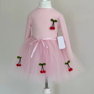 Eterelle 5-6-7 Yaş Kiraz Desenli Kurdela Kuşaklı Astarlı Uzun Kollu Kız Çocuk Tütü Elbise Pembe